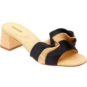 NEW Larroude Brigitte Ruffle Mule In Beige and Black Raffia